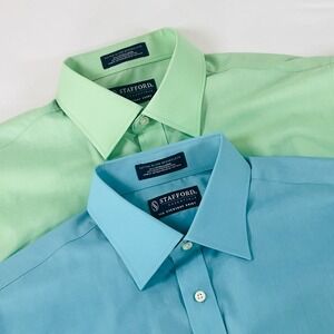 Stafford Essentials Men Fitted Dress Shirt Lot 2 Mint Green Blue 16 32-33 Cotton